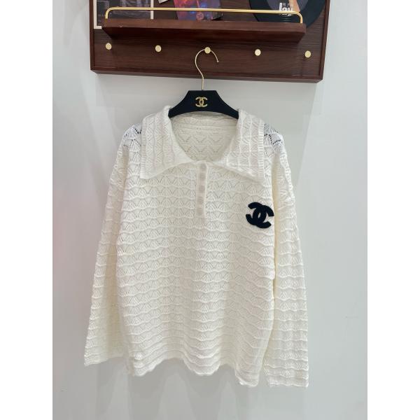 幾何レース編みが映える CHANEL シャネル コピー ポロニット 長袖トップス 胸元CCアクセント
