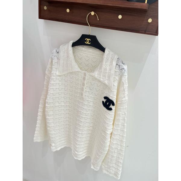 幾何レース編みが映える CHANEL シャネル コピー ポロニット 長袖トップス 胸元CCアクセント