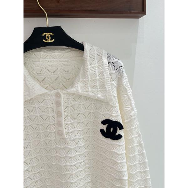 幾何レース編みが映える CHANEL シャネル コピー ポロニット 長袖トップス 胸元CCアクセント