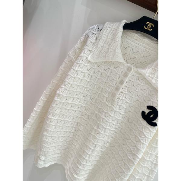 幾何レース編みが映える CHANEL シャネル コピー ポロニット 長袖トップス 胸元CCアクセント