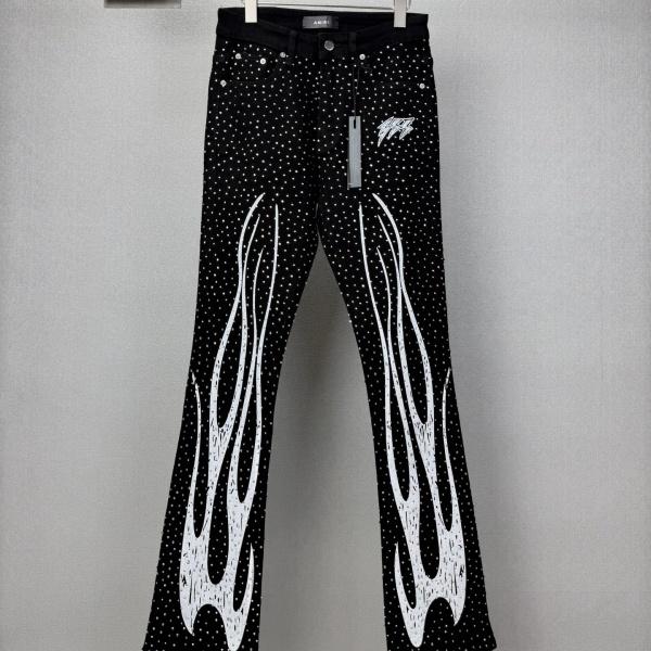 新作注目 AMIRI 激安 アミリ ラインストーン フレアデニムパンツ ビッググラフィック ストリート仕様