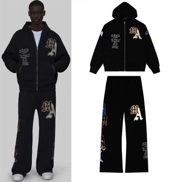 グラフィック刺繍 AMIRI 激安 ジップパーカーセットアップ ワイドシルエット アミリ ストリート仕様