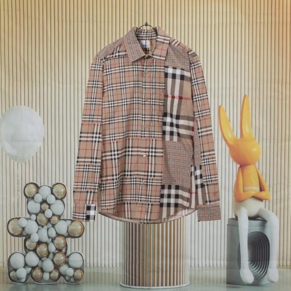 デザイン性重視 BURBERRY 長袖シャツ バーバリー激安 異柄チェック パッチワーク仕立て