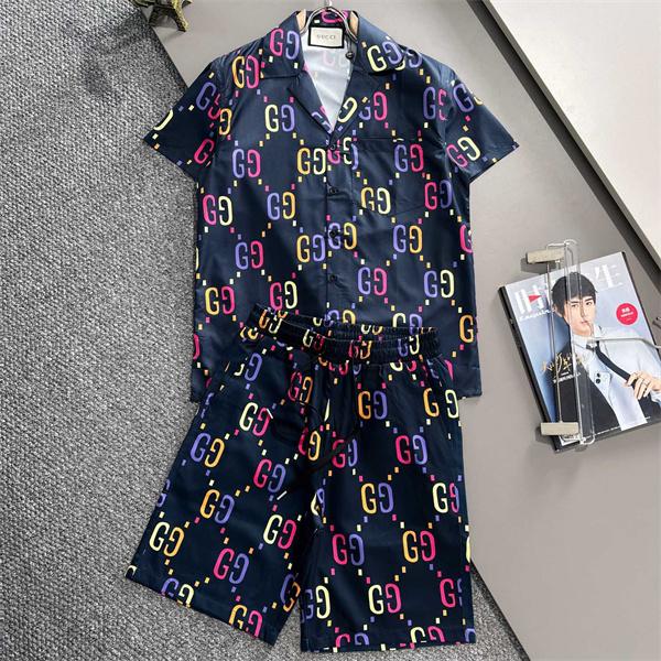 カラフルGG総柄 ミッドナイトネイビー GUCCI グッチ コピー 半袖セットアップ リゾートスタイル