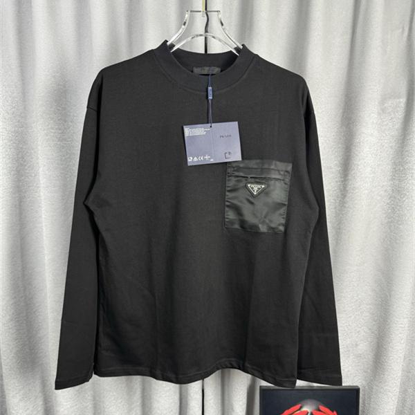 ナイロン胸ポケット トライアングルロゴ PRADA プラダ コピー 長袖Tシャツ 異素材切替