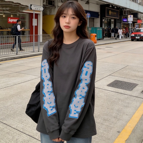 袖グラフィック 長袖Tシャツ Supreme激安 クラック風レタリング オーバーシルエット シュプリーム ストリート