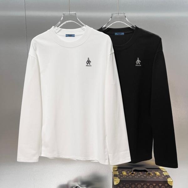ワンポイント刺繍 PRADA激安 長袖Tシャツ クルーネック プラダ ミニマルデザイン ベーシック