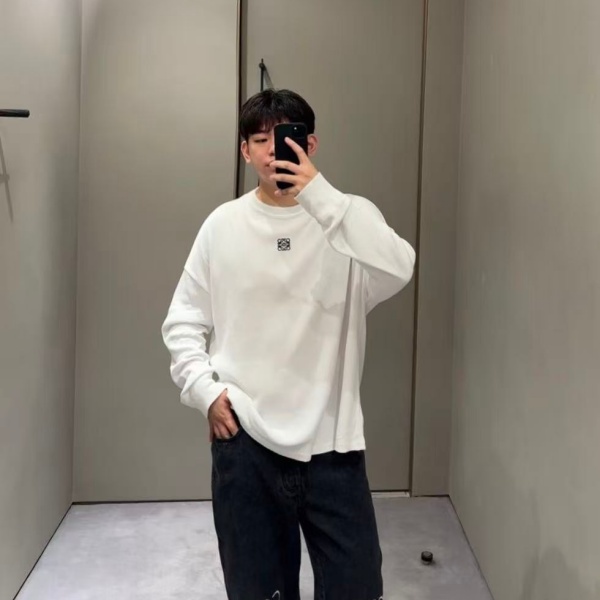LOEWE ロエベ コピー Anagram アナグラム刺繍 クルーネック 長袖Tシャツ ブラック ユニセックス