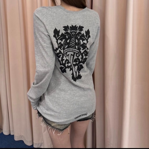 クロムハーツChrome Hearts激安ワッフル長袖Tシャツ藤蔓ソード柄バックプリントクルーネックゆったりストリート