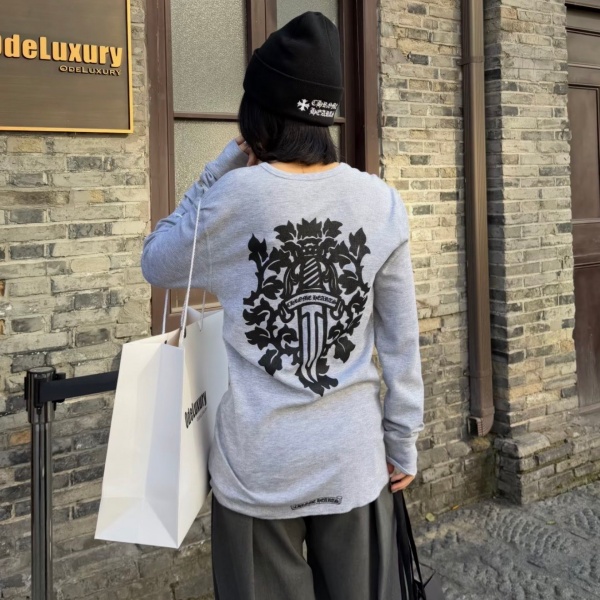クロムハーツChrome Hearts激安ワッフル長袖Tシャツ藤蔓ソード柄バックプリントクルーネックゆったりストリート