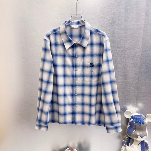 オフホワイトOff-White激安長袖チェックシャツ男女兼用グラデーション柄ロゴ刺繍バックプリント起毛素材オーバーサイズ