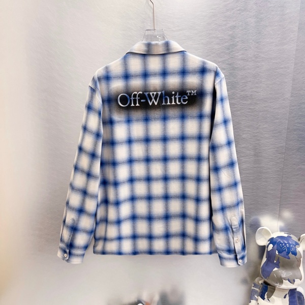 オフホワイトOff-White激安長袖チェックシャツ男女兼用グラデーション柄ロゴ刺繍バックプリント起毛素材オーバーサイズ