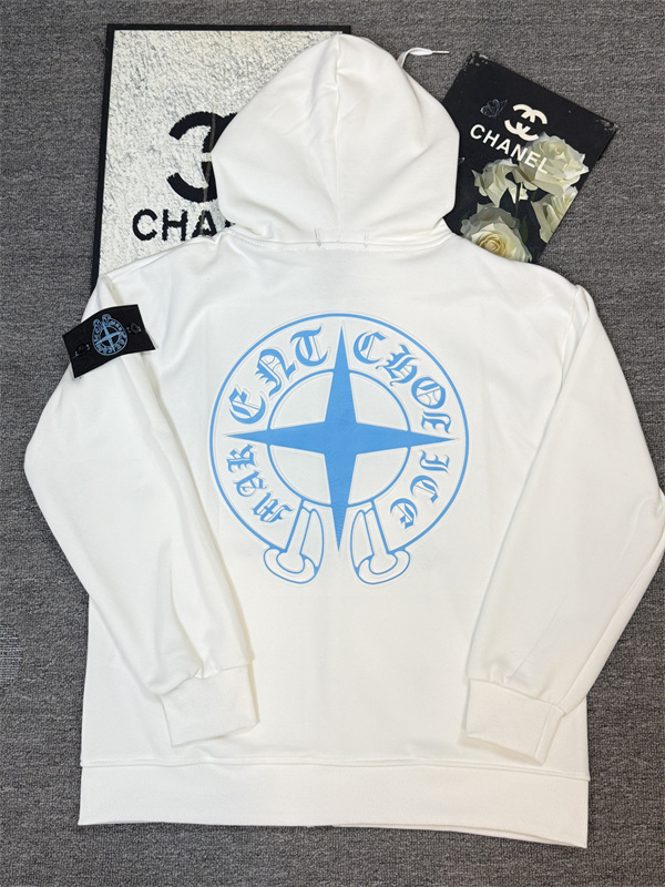 ホワイト×ブルーロゴ STONE ISLAND × CHROME HEARTS ストーンアイランド×クロムハーツ コピー ジップパーカー 秋冬ストリート