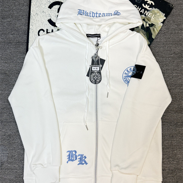 ホワイト×ブルーロゴ STONE ISLAND × CHROME HEARTS ストーンアイランド×クロムハーツ コピー ジップパーカー 秋冬ストリート