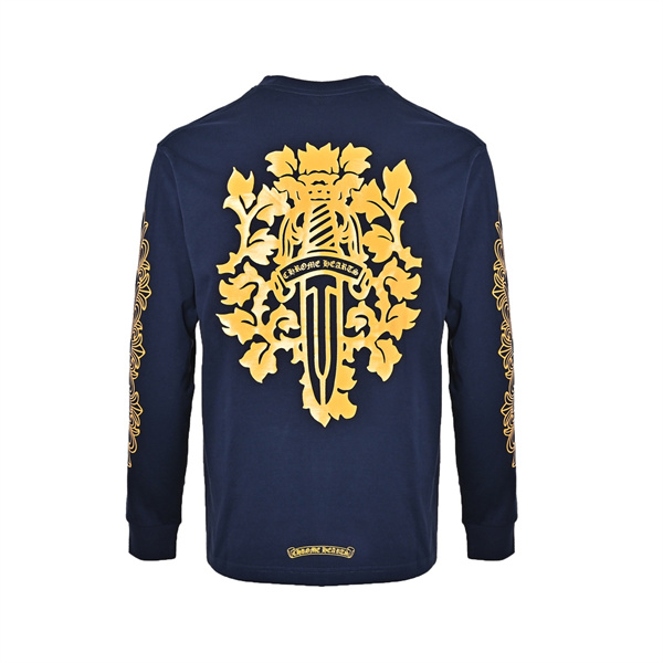 華やかなゴシック柄 CHROME HEARTS クロムハーツ コピー ロンT 袖プリント付きネイビー