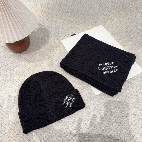 LOUISVUITTONルイヴィトン激安ロゴ刺繍ニット帽マフラーセット秋冬防寒