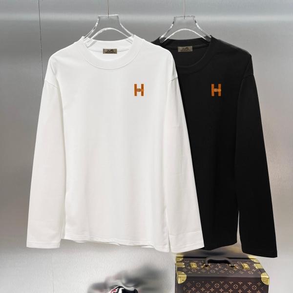 HERMÈS エルメス コピー Hモチーフ刺繍 クルーネック 長袖Tシャツ コットン ユニセックス