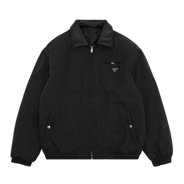 プラダ PRADA 激安 中綿ジャケット メンズ レディース レザー切替襟 三角ロゴ フルジップ 厚手 防寒 防風 ブルゾン 胸ポケット ゆったり カジュアル 秋冬 アウター