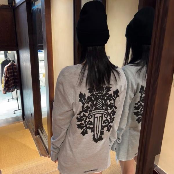 クロムハーツChrome Hearts激安ワッフル長袖Tシャツ藤蔓ソード柄バックプリントクルーネックゆったりストリート