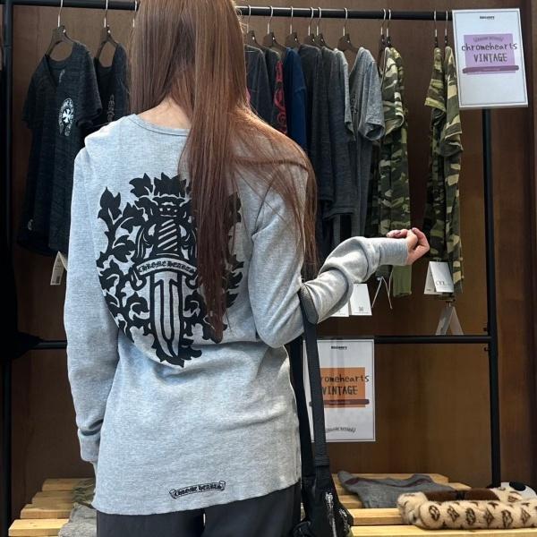 クロムハーツChrome Hearts激安ワッフル長袖Tシャツ藤蔓ソード柄バックプリントクルーネックゆったりストリート