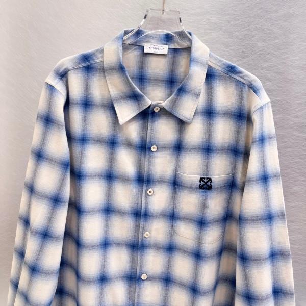 オフホワイトOff-White激安長袖チェックシャツ男女兼用グラデーション柄ロゴ刺繍バックプリント起毛素材オーバーサイズ