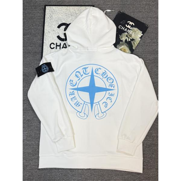 ホワイト×ブルーロゴ STONE ISLAND × CHROME HEARTS ストーンアイランド×クロムハーツ コピー ジップパーカー 秋冬ストリート