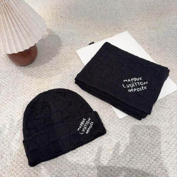 LOUISVUITTONルイヴィトン激安ロゴ刺繍ニット帽マフラーセット秋冬防寒