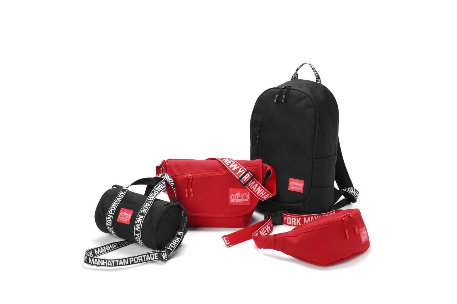 マンハッタン ポーテージの限定バッグ「アイデント II」黒＆赤、ストラップにジャガード織りのロゴ コピー