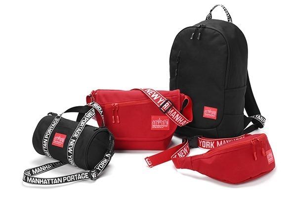 マンハッタン ポーテージの限定バッグ「アイデント II」黒＆赤、ストラップにジャガード織りのロゴ 