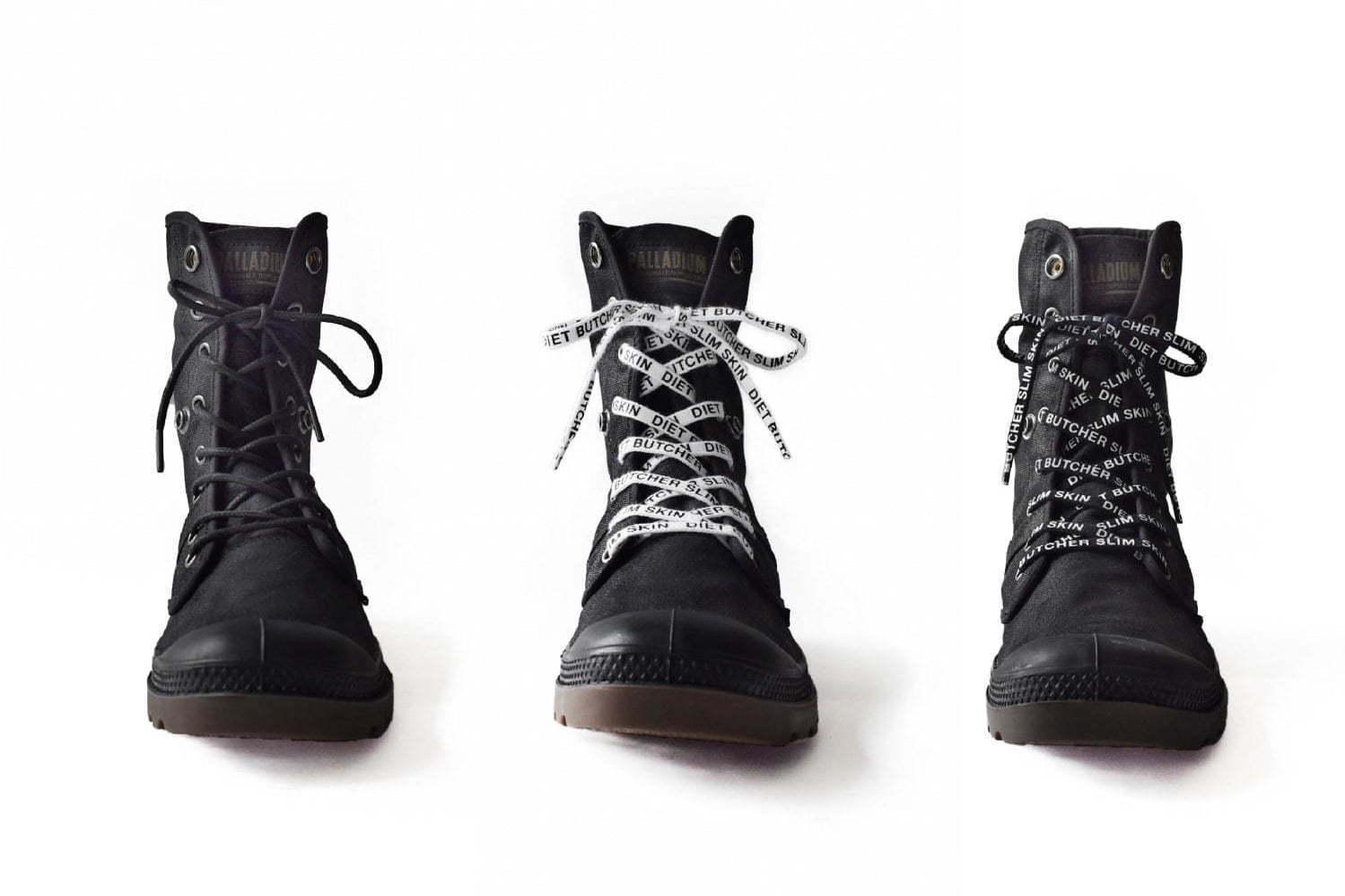 ダイエットブッチャースリムスキン×パラディウムの2WAYシューズ、付け替え可能な靴紐が付属 