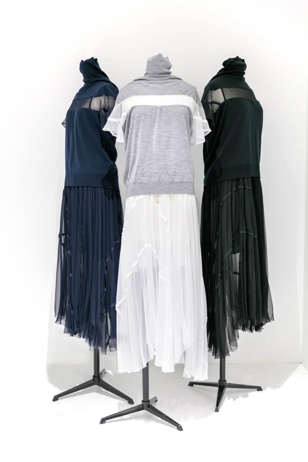 sacai×ジョン スメドレーのドレス&フーディー、ニットにシフォンやスウェットを組み合わせて コピー sacai×ジョン スメドレーのドレス&フーディー、ニットにシフォンやスウェットを組み合わせて コピー