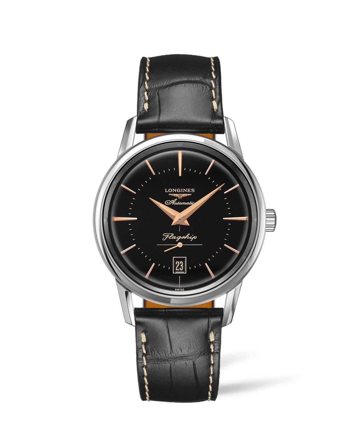 ロンジンの腕時計「フラグシップ ヘリテージ」ブラック文字盤の新色、ローズゴールドの針＆インデックス コピー
