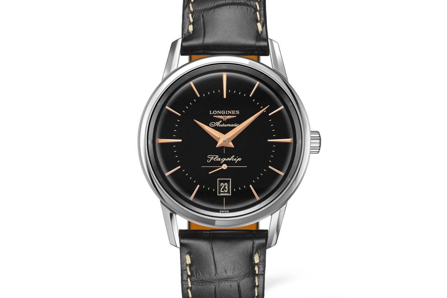 ロンジンの腕時計「フラグシップ ヘリテージ」ブラック文字盤の新色、ローズゴールドの針＆インデックス 