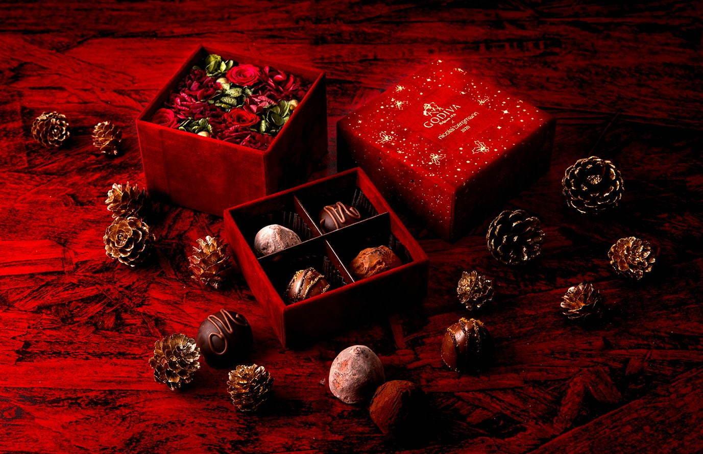 ニコライ バーグマン×ゴディバのクリスマス限定ボックス、4粒のトリュフとプリザーブドフラワーのセット コピー