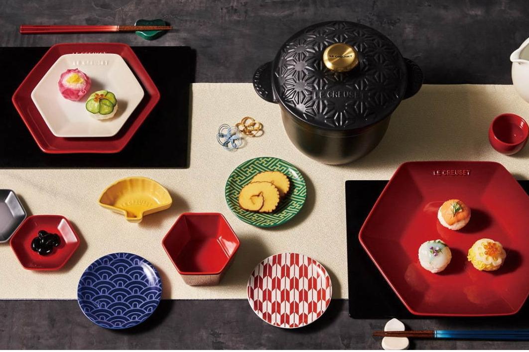 ル・クルーゼのキッチンウェア、"富士山"や"鯛"モチーフのミニ皿・箸置き&麻の葉文様の鍋 