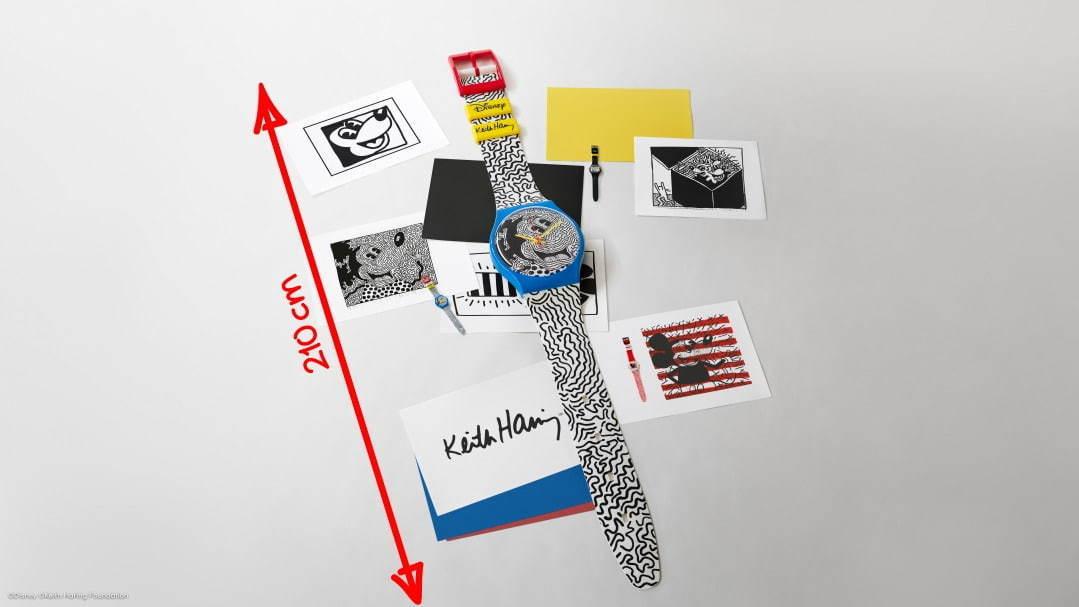 スウォッチ"キース・へリングが描くミッキーマウス"の腕時計、赤ズボン着想や白黒曲線ストラップ コピー