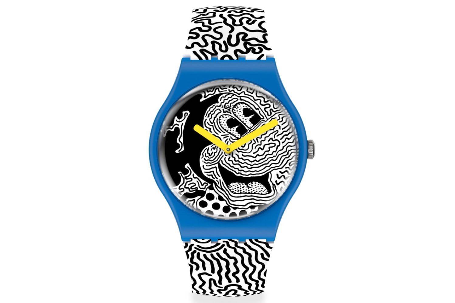 スウォッチ"キース・へリングが描くミッキーマウス"の腕時計、赤ズボン着想や白黒曲線ストラップ コピー