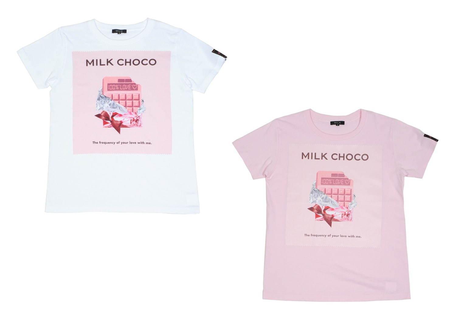 ミルクのバレンタイン、ピンク色の“板チョコ”Tシャツ＆“ハート”のボンボンショコラ風アクセ コピー
