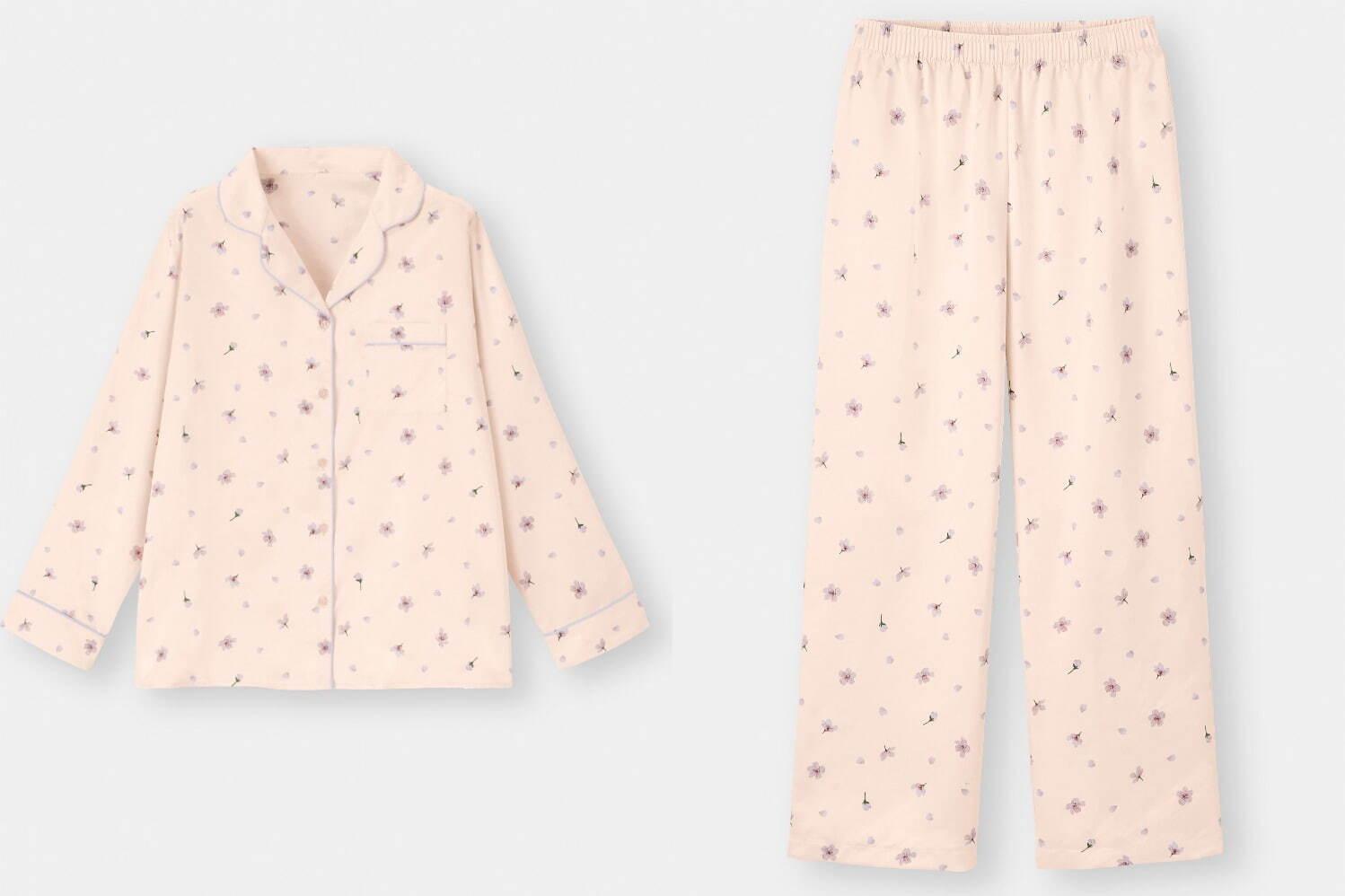 GU“桜”舞い散る2021年春ルームウェア、艶めくサテン生地のパジャマ&ワンピース コピー