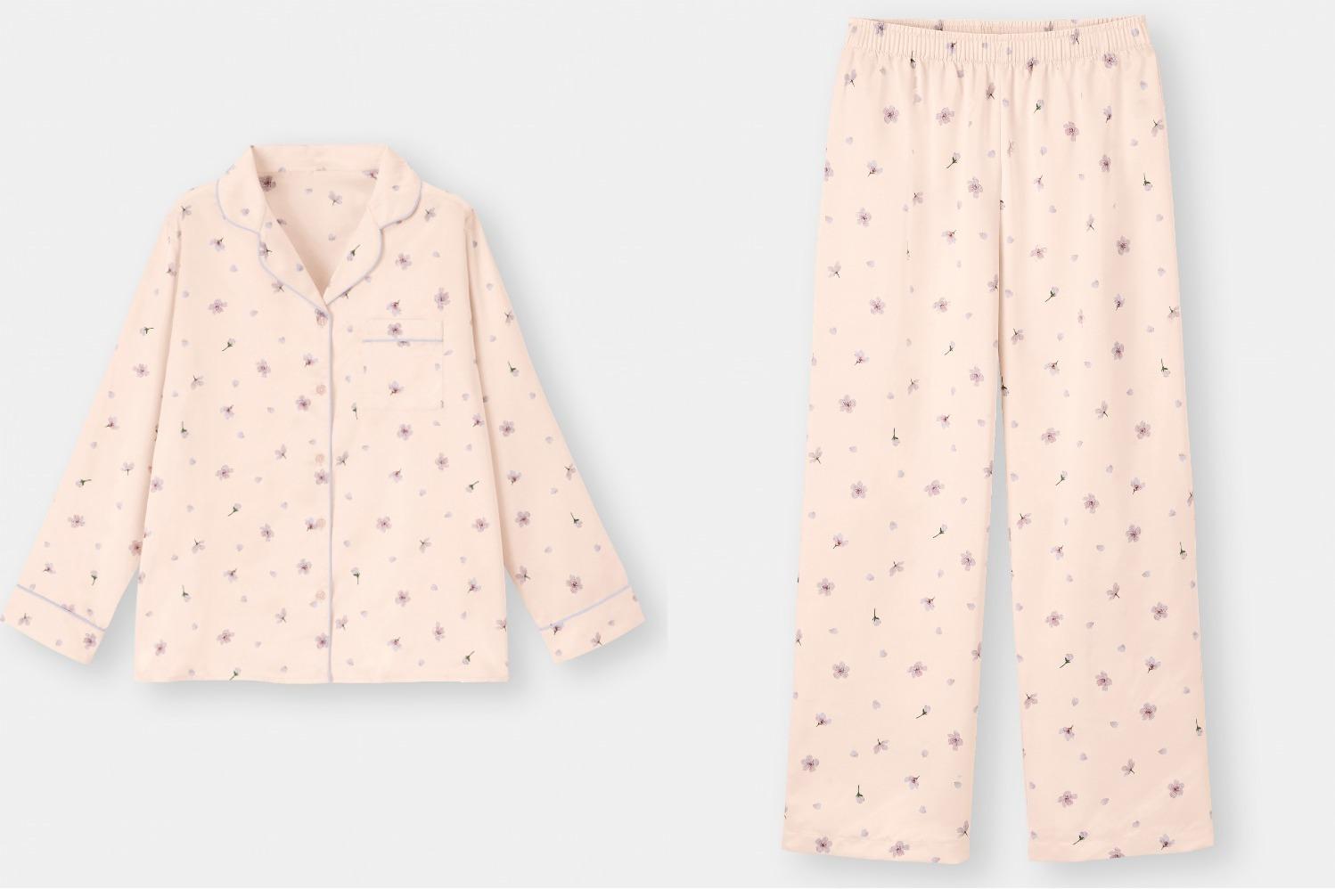 GU“桜”舞い散る2021年春ルームウェア、艶めくサテン生地のパジャマ&ワンピース 