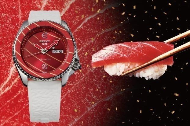 セイコー 5スポーツ「寿司」モチーフの腕時計、立体感シャリストラップ＆“サシ入り”文字盤 