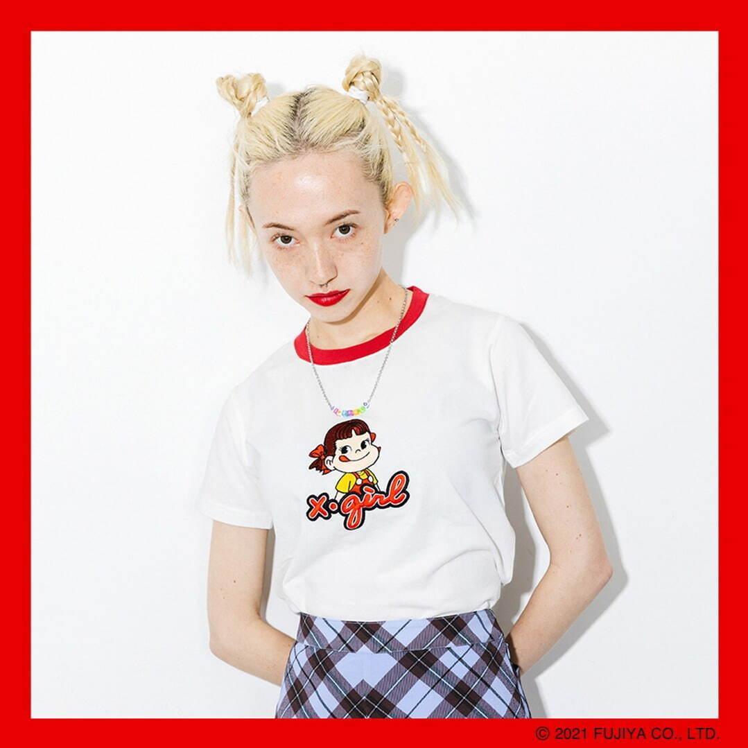 X-girl×ペコちゃんのコラボコレクション、ダブルネームTシャツや商品パッケージ風ポーチ コピー